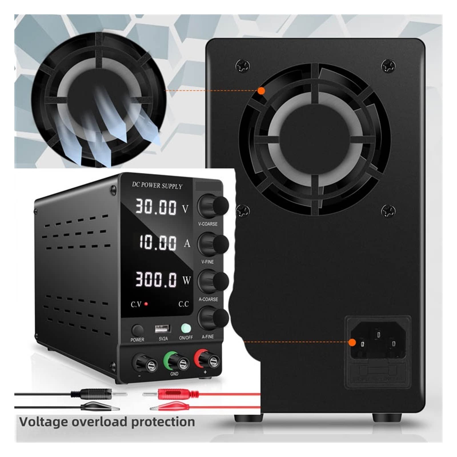 Fuente de alimentación de CC Ajustable 30V 10A Fuente de alimentación de Laboratorio Estabilizador de regulador de Voltaje de 4 dígitos Ajustable USB(30V 10A 300W Black)