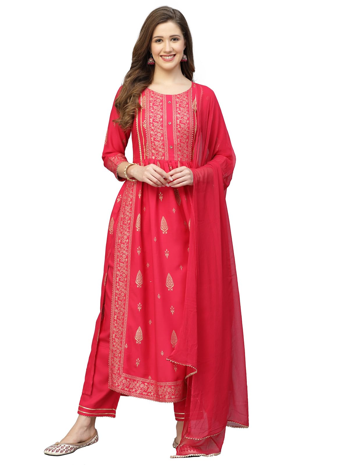 Stylum Women's Gold Printed Rayon Naira Cut Kurta Pant Dupatta Set (Kpdroso38_Fuchsia, M)