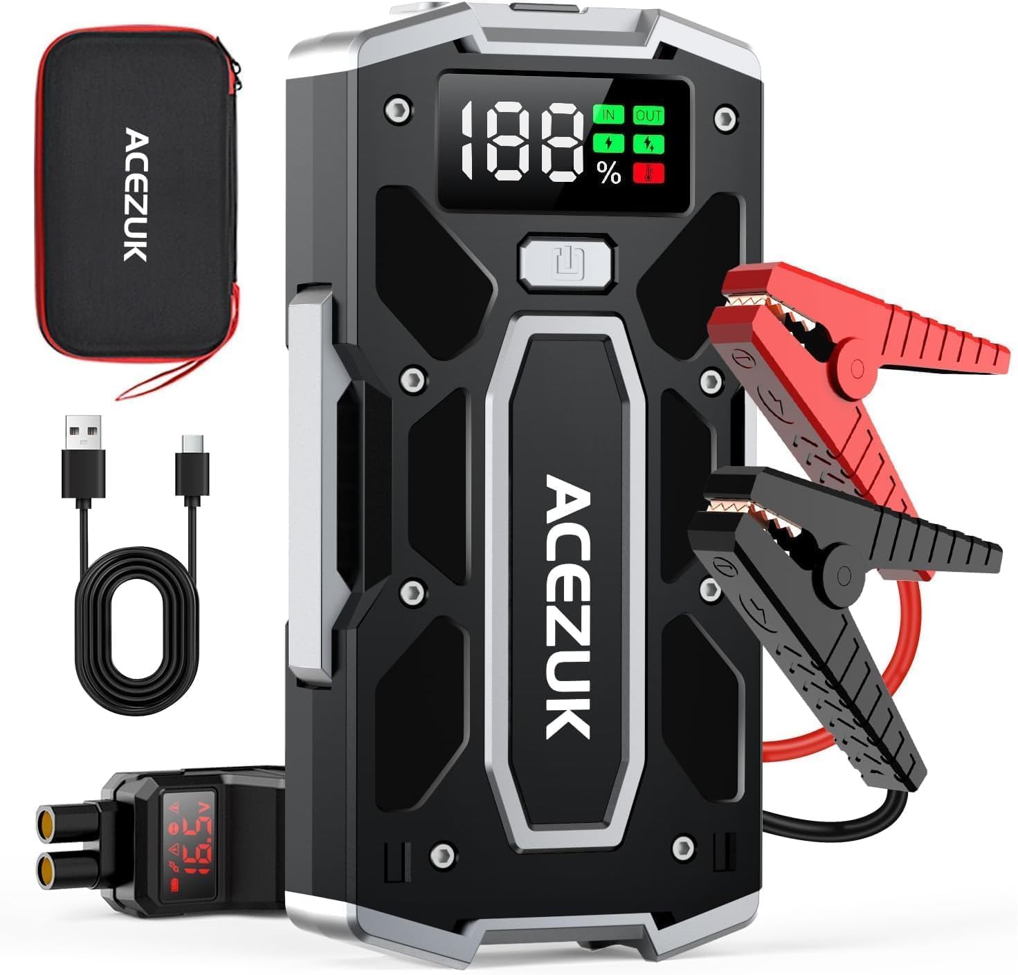 ACEZUK M02 Jump Starter main unit and accessories.