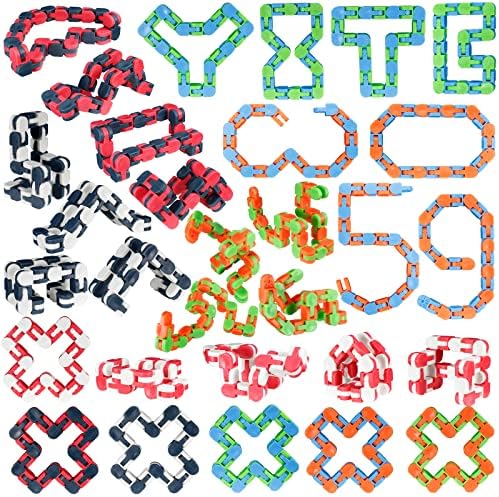 LENDOD 30 Pack Wacky Tracks Snap and Click Fidget Toys Finger Sensory Toys, 24 Links Snake Puzzles for Stress Relief, Party Bag Fillers, Party Supplies