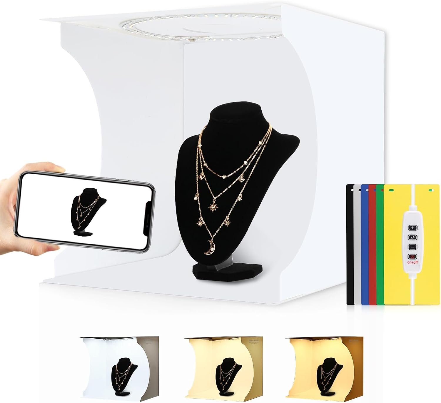 Photo Light Box 12"" Portable Folding Photography Light Tent kit with White Light Warm Light and 6 Kinds Color Backgrounds for Small Size Items