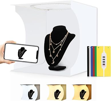 Photo Light Box 12"" Portable Folding Photography Light Tent kit with White Light Warm Light and 6 Kinds Color Backgrounds for Small Size Items