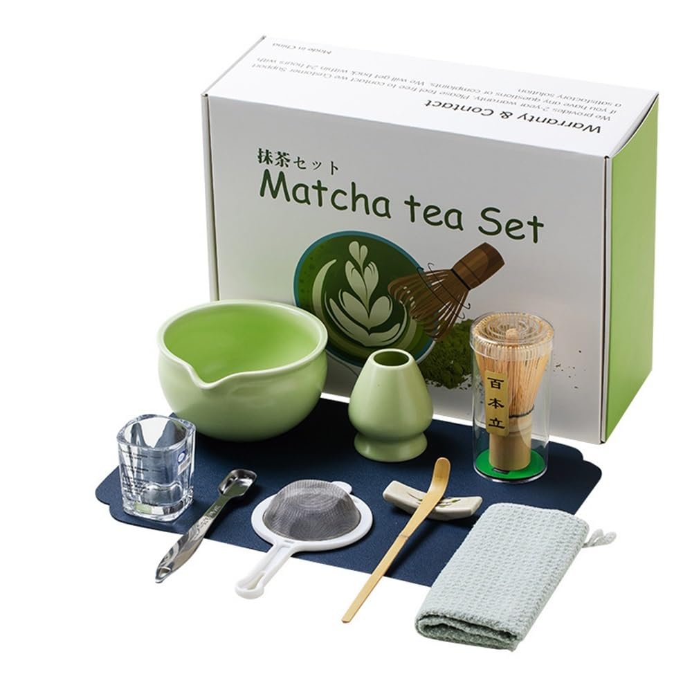 Japanese Matcha Tea Set 10 Pcs Ceramic Matcha Bowl, Ceramic Whisk Holder, Matcha Whisk, Scoop, Sifter, Matcha Caddy, Tea Making Kit, Handmade Japanese Tea Ceremony Matcha Tea Kit(Light green)