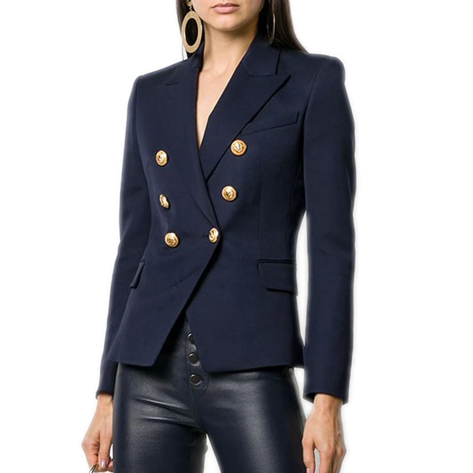 Jacket Womens Classic Slim Fitting Metal Lion Buttons Double Breasted Blazer Outer