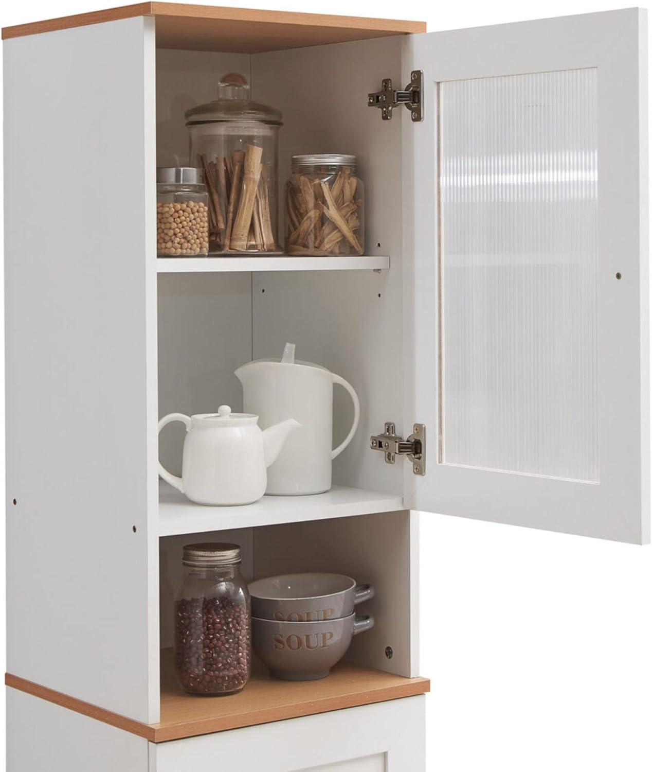 Hodedah 63" Tall Slim Open Shelf Plus Top and Bottom Enclosed Storage Kitchen Pantry, White : Home & Kitchen