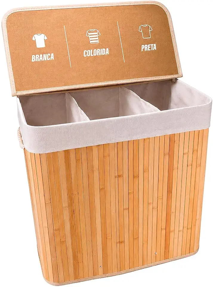 Cesto de Roupas Com Divisória Roupeiro Bambu Artiko Family Organizador Triplo Com Tampa 140L (Natural)