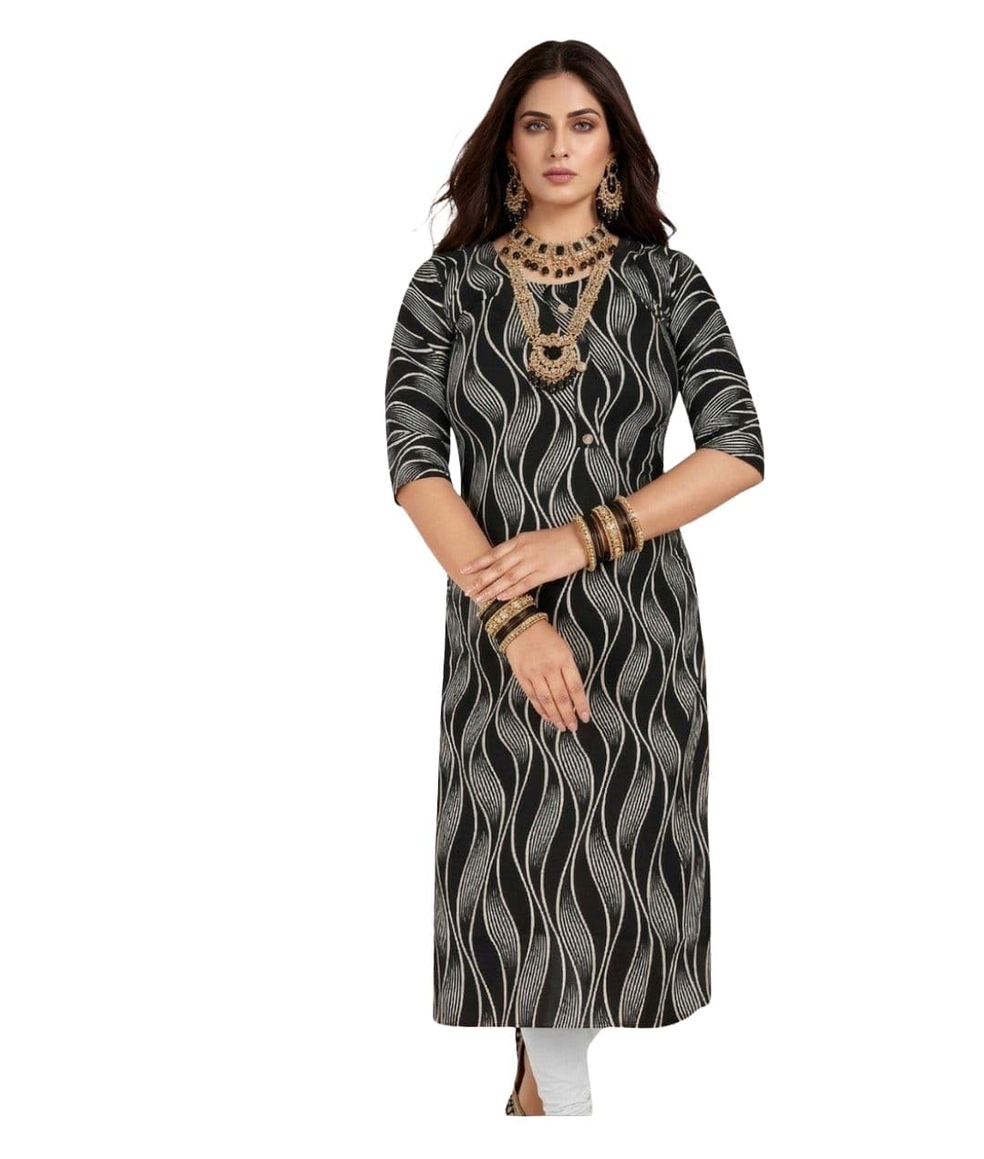 Women's Black Printed Straight Kurta, Wave Print, 3/4 Sleeves, Ethnic Wear