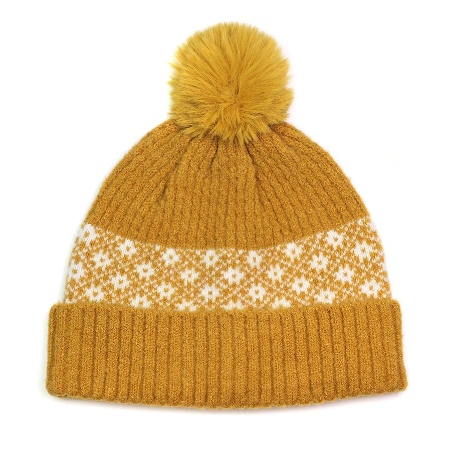 Bonnet à pompon moutarde et blanc en maille tricot recyclée pour femme