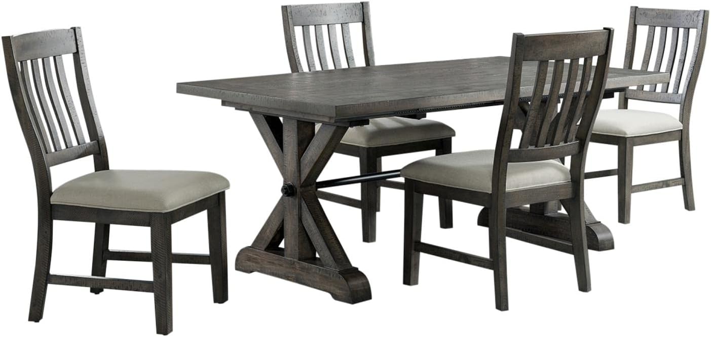 Sunset Trading Trestle 5 Piece 96" Rectangular Extendable 4 Upholstered Side Chairs | Distressed Gray Wood | Seats 8 Dining Table Set, 3 Sized, Expandable, (ED-SK100-170-5P)