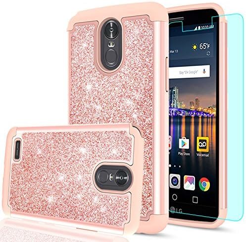 LeYi Compatible for LG Stylo 3 Case, LG Stylo 3 Plus/Stylus 3 Case with 2 Tempered Glass Screen Protector, Hybrid Heavy Duty Protection Glitter Girls Women Shockproof Case for LG LS777 TP Rose Gold