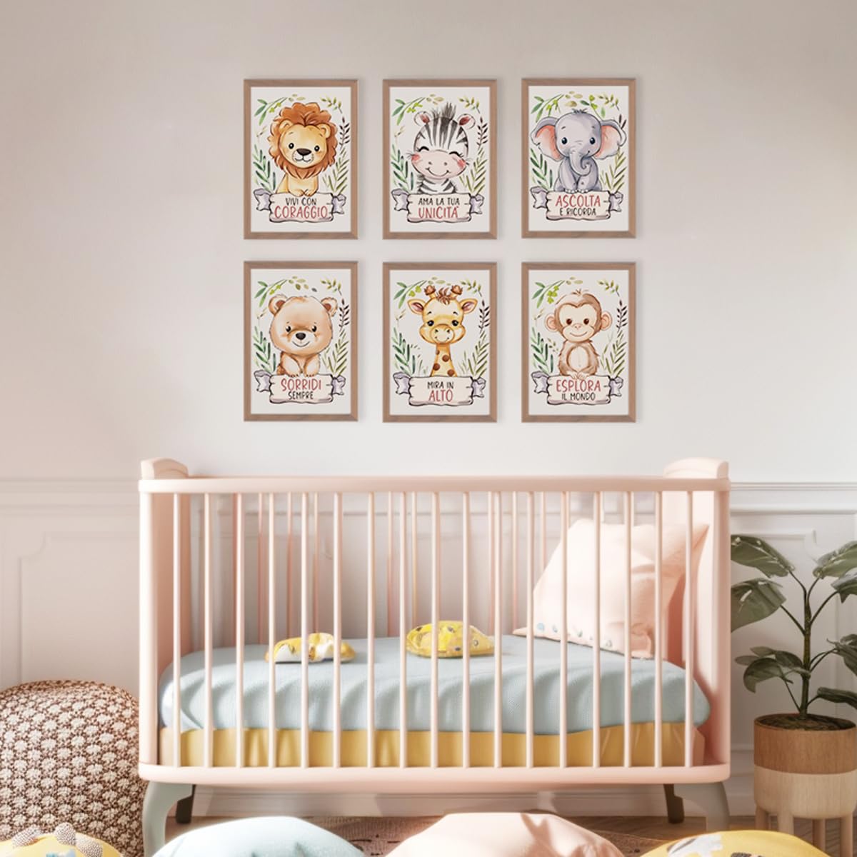 Set 6 poster animali decorativi per la cameretta dei bambini, quadri con simpatici e dolci animali e frasi motivazionali per bambino bambina, decorazioni formato A4. In italiano. Cornici non incluse