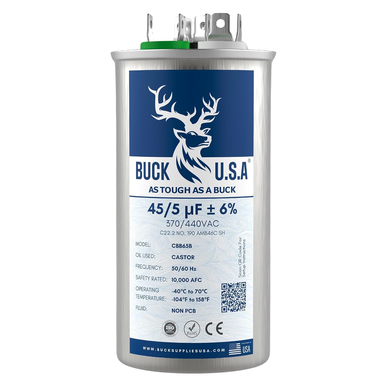 Buck 45+5uF 45/5 MFD ±6% CBB65B Dual Run Round Start Capacitor - Ideal for HVAC Systems, Air Conditioner Unit Fan Motor Start, Heat Pump, & Condenser Straight Cool Applications 370/440VAC 50/60Hz