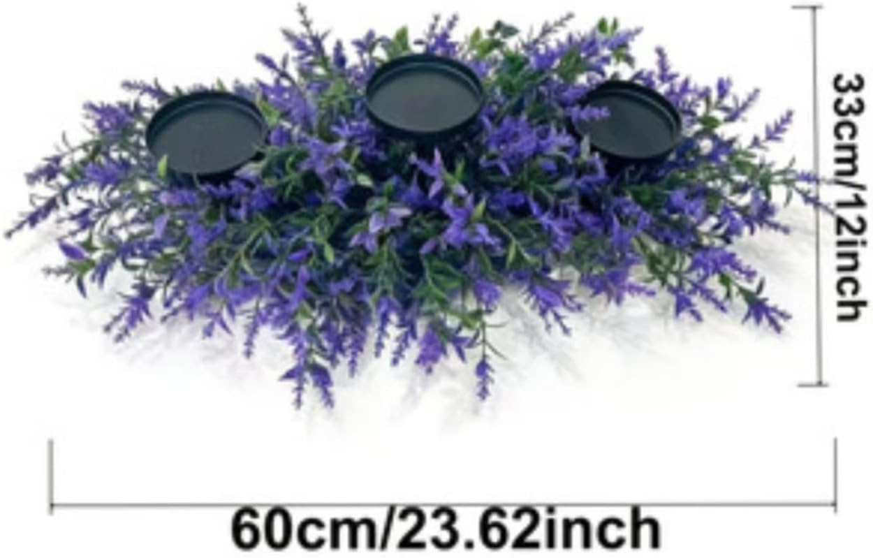 Artificial Lavender Centerpiece with 3 Candle Holders, Purple, 23.62x12 Inch, Rustic Farmhouse Floral Arrangement for Dining Table, Mantel, Wedding