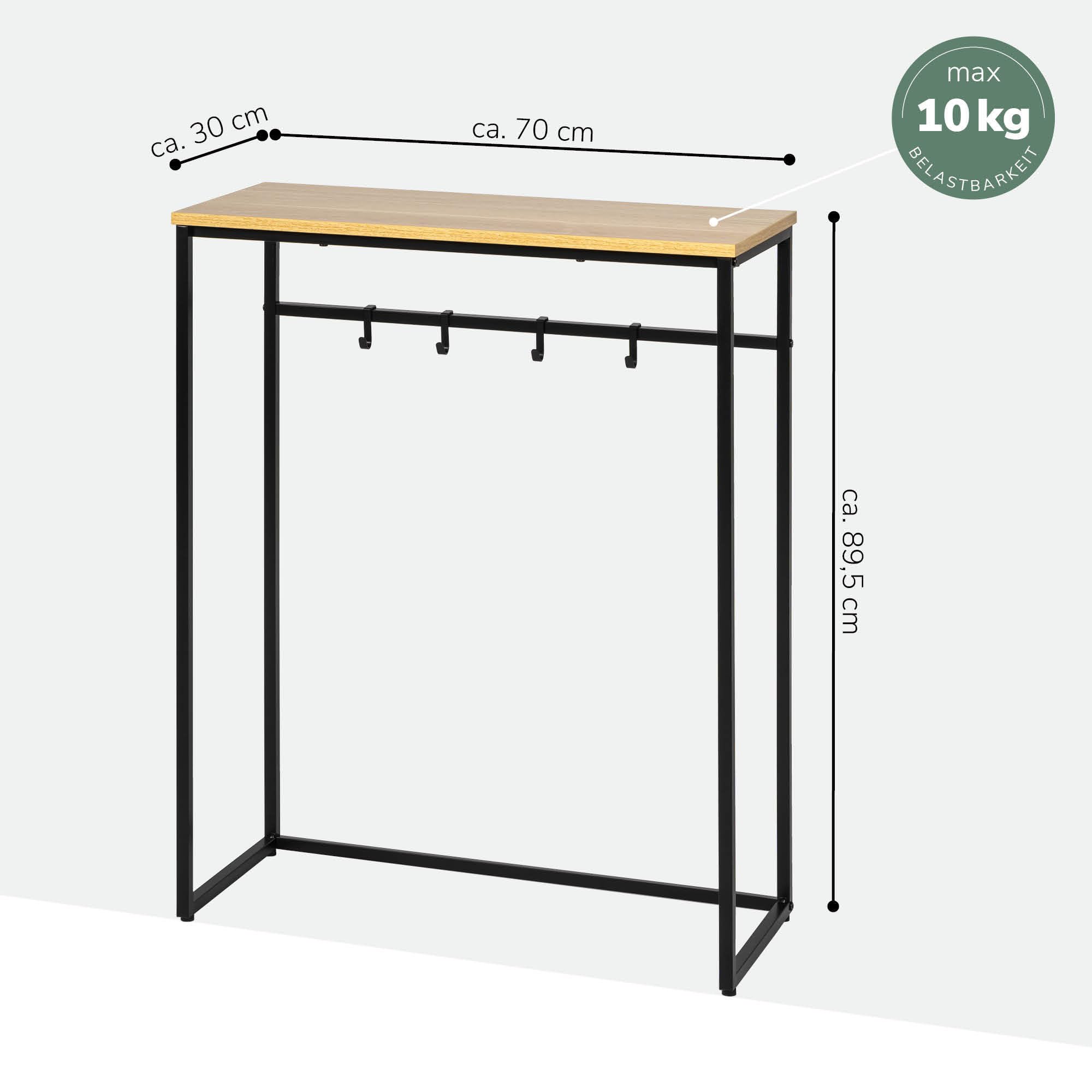 eluno Konsolentisch aus Metall mit 1 Holzablage, höhenverstellbare Füße, 4 Haken, als Beistelltisch oder Sideboard, viel Platz für Bücher, Pflanzen und Deko (Schwarz)