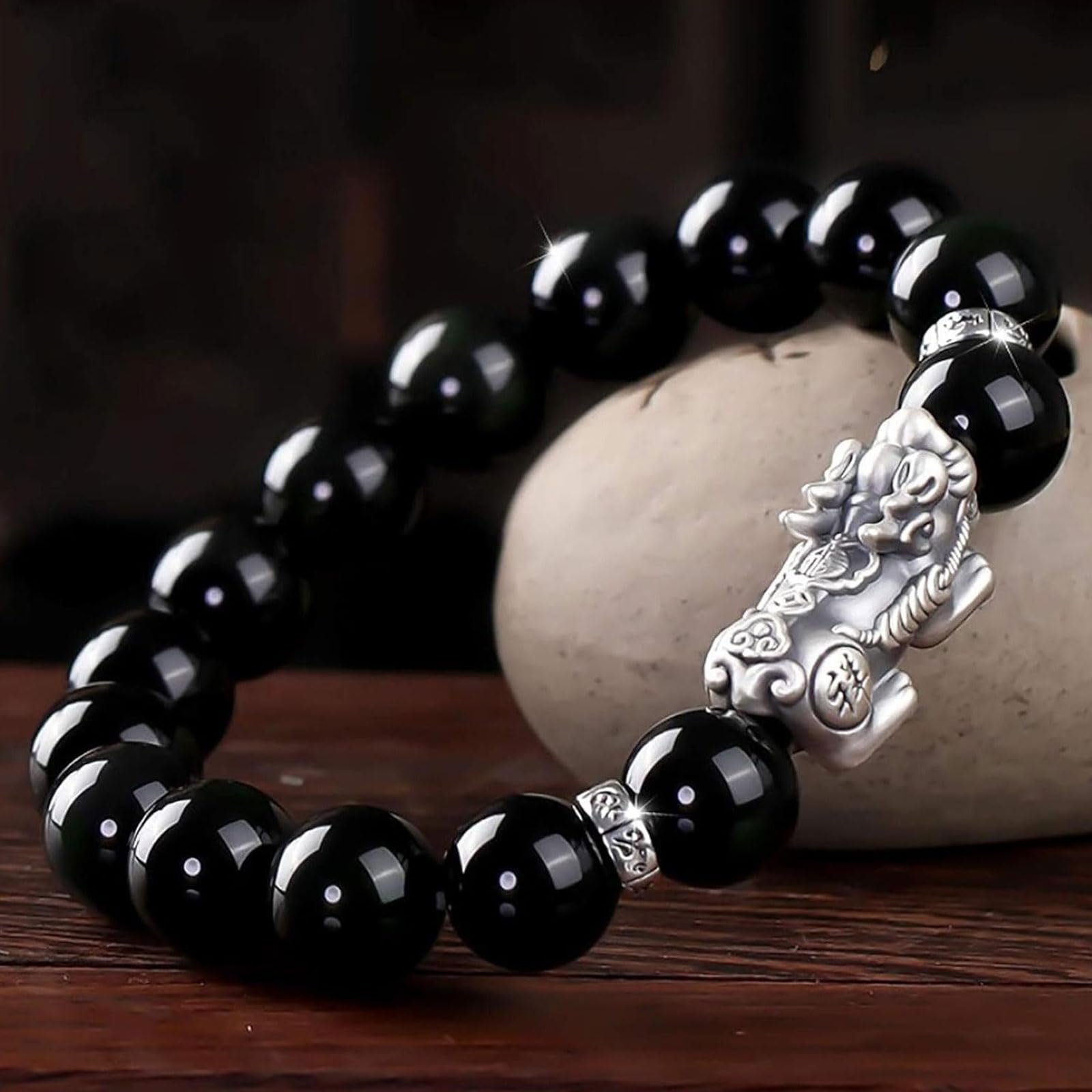 Braccialetto curativo Bracciale in argento con ossidiana, bracciale con perline di Buddha fortunato, perline rotonde, bracciale con perline elasticizzate, gioielli, prosperità, soldi, fortuna
