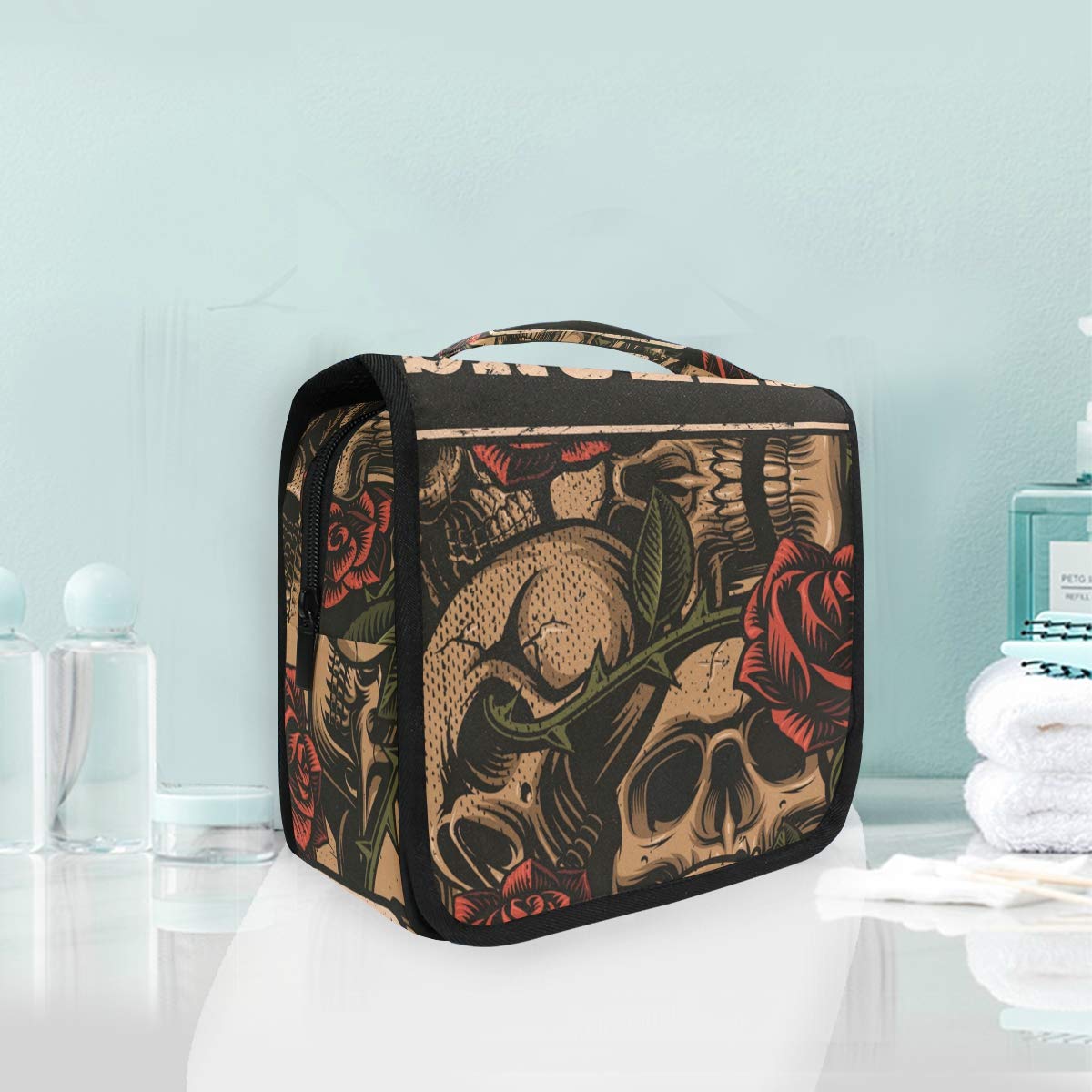 ALAZA Skull With Rose Vintage Travel Toiletry Bag Hanging Multifunction Cosmetic Case Portable Makeup Pouch Organizer with Hook