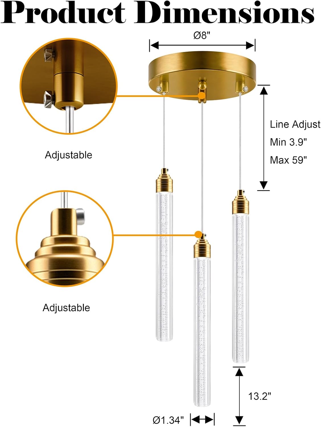 Brushed Gold Pendant Lights for Kitchen Island, Modern Acrylic Stick Bubble Hanging Lights for Kitchen with Adjustable Height, 3‑Color Dimmable LED Island Pendant Lighting for Dining Room Living Foyer