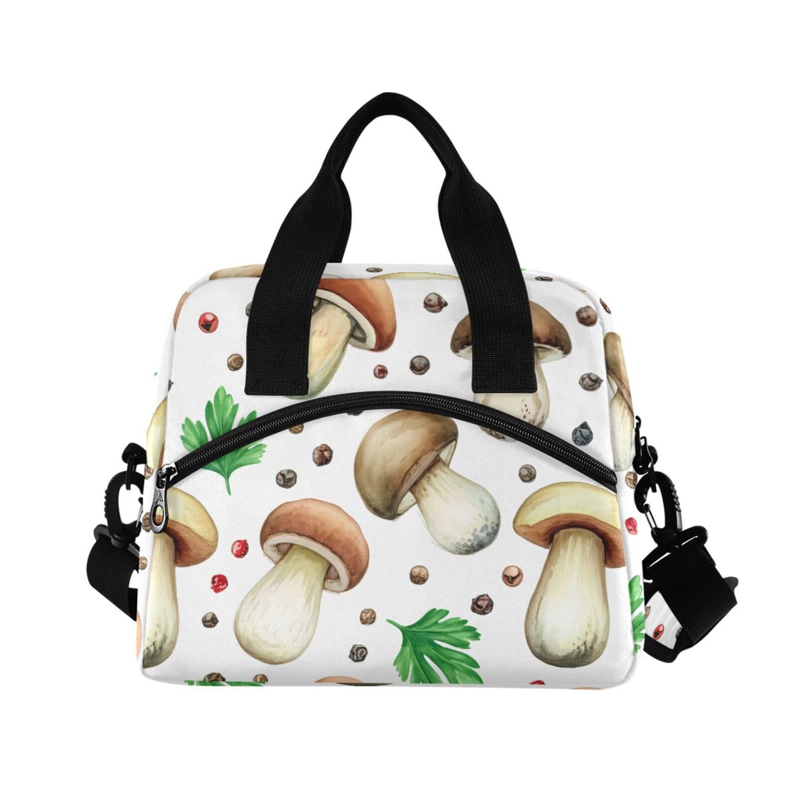 Insulated Lunch Bag Reusable Cooler Mushroom Pepper White Lunch Box Adjustable Shoulder Strap for Picnic Office School
