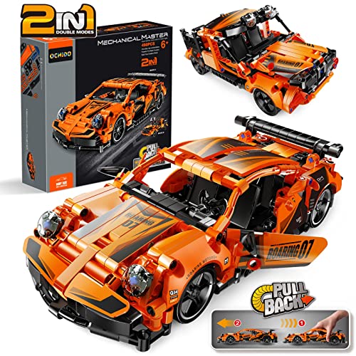 OCHIDO STEM Building Blocks Toys Gifts for Age 6,7,8,9,10+ Years Boys Girls, 2 in 1 DIY Building Bricks Model Car,Pull Back Model Car Kits for Kids,Engineering Construction Toy (490 pcs)