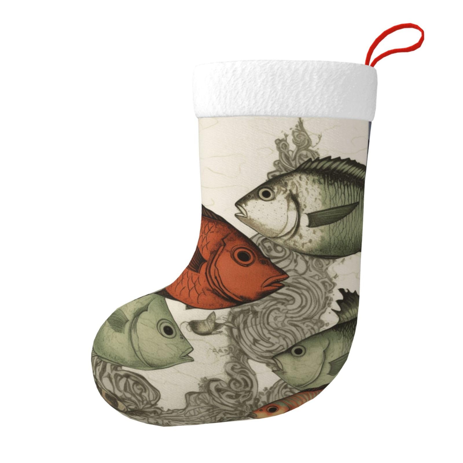 Fish Print Christmas Stocking, 28x45cm Holiday Hanging Stockings for Fireplace, Tree Decorations, Gift Giving, and Party Festive Decor