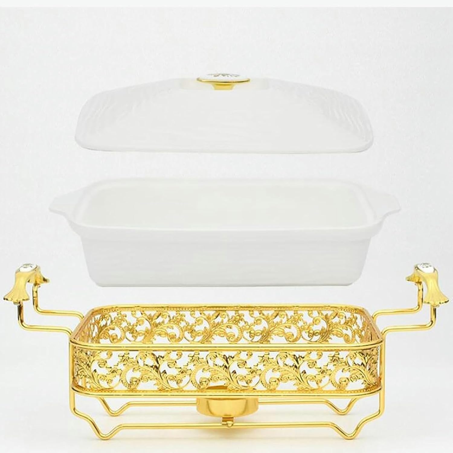 Juego de servidor de buffet de cerámica, calentador rectangular con tapa y soporte de combustible, ideal para fiestas y bodas, perfecto para catering y servir alimentos