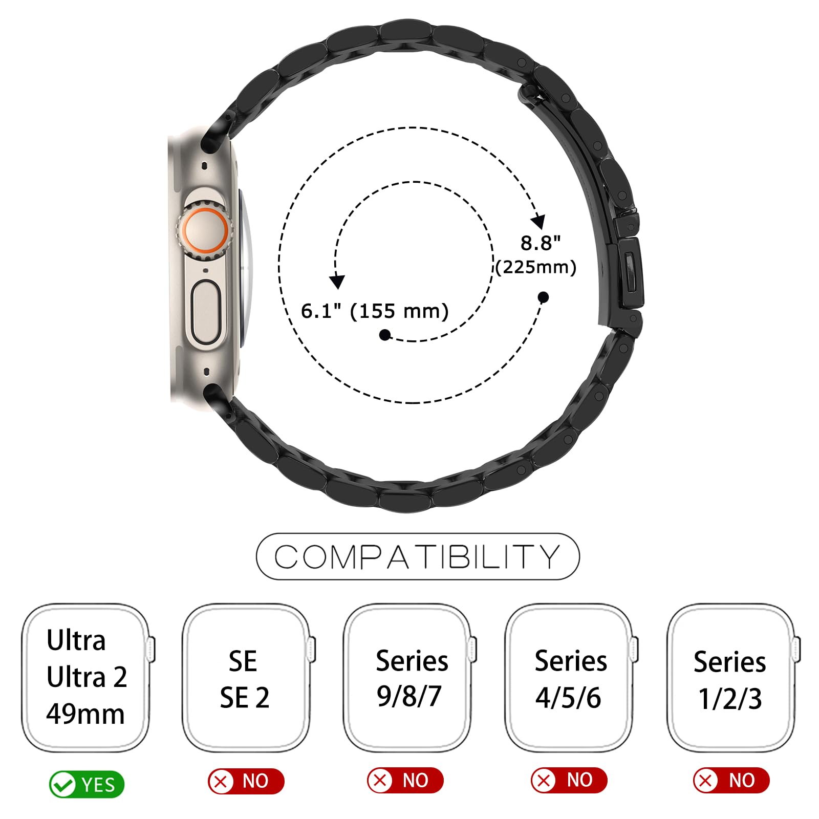 Tasikar Cinturino in metallo compatibile con Apple Watch Ultra Cinturino di ricambio in acciaio inossidabile da 49 mm compatibile con Apple Watch Ultra 2 Ultra, Negro