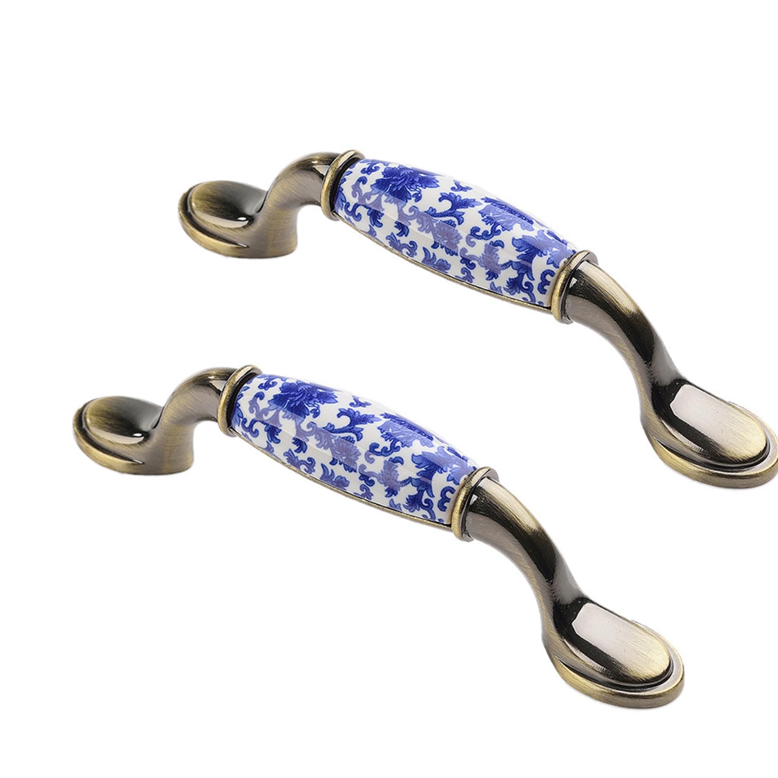 2 Set Blue Floral Cabinet Pulls, Ceramic Drawer Knob Kitchen Cabinet Pull Handles for Kitchen Cabinet Wardrobe Dresser Drawer Hardware, 3-3/4in(96mm) Hole Centers