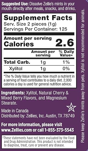 Miniatura 2 de Zellie's  Mentas 100% xilitol de cereza para el aliento  Sin aspartamo, sin gluten, mentas veganas y kosher (250 unidades - Paquete de 1)