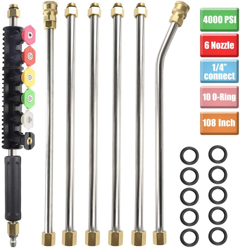 Pressure Washer Extension Wand,108 Inch Gutter Pressure Washer Attachment,Replacable Telescoping Power Washer Wand with 6 Spray Nozzle Tips