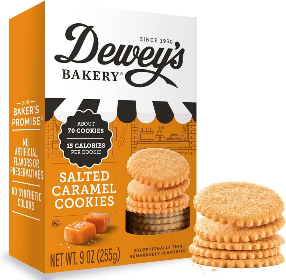 Dewey's Bakery Salted Caramel Cookie Thins | No Artificial Flavors, Synthetic Colors or Preservatives | Baked in Small Batches | 9oz (Pack of 1)