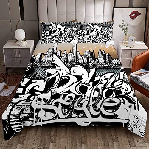 Hippie Graffiti Style Comforter Cover Hip Hop Decor Bedding Set for Boys Girls Children Street Culture Duvet Cover Modern Graphic Wall Urban Art Bedspread Cover Room Decor Double Size Quilt Cover 3Pcs