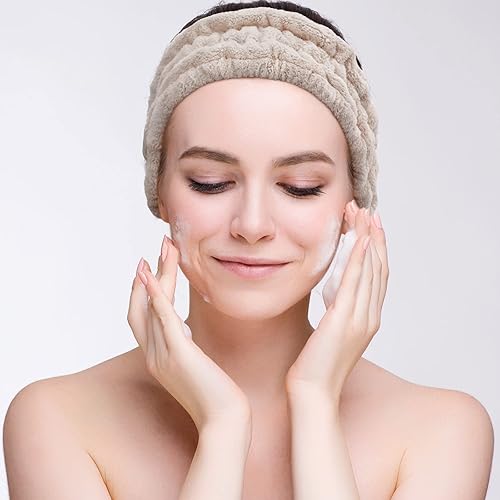 Vista 19 de Chuangdi 3 diademas elásticas de tela de rizo para mujer, maquillaje, lavado de cara, yoga, deportes, ducha (rosa, verde, marrón)