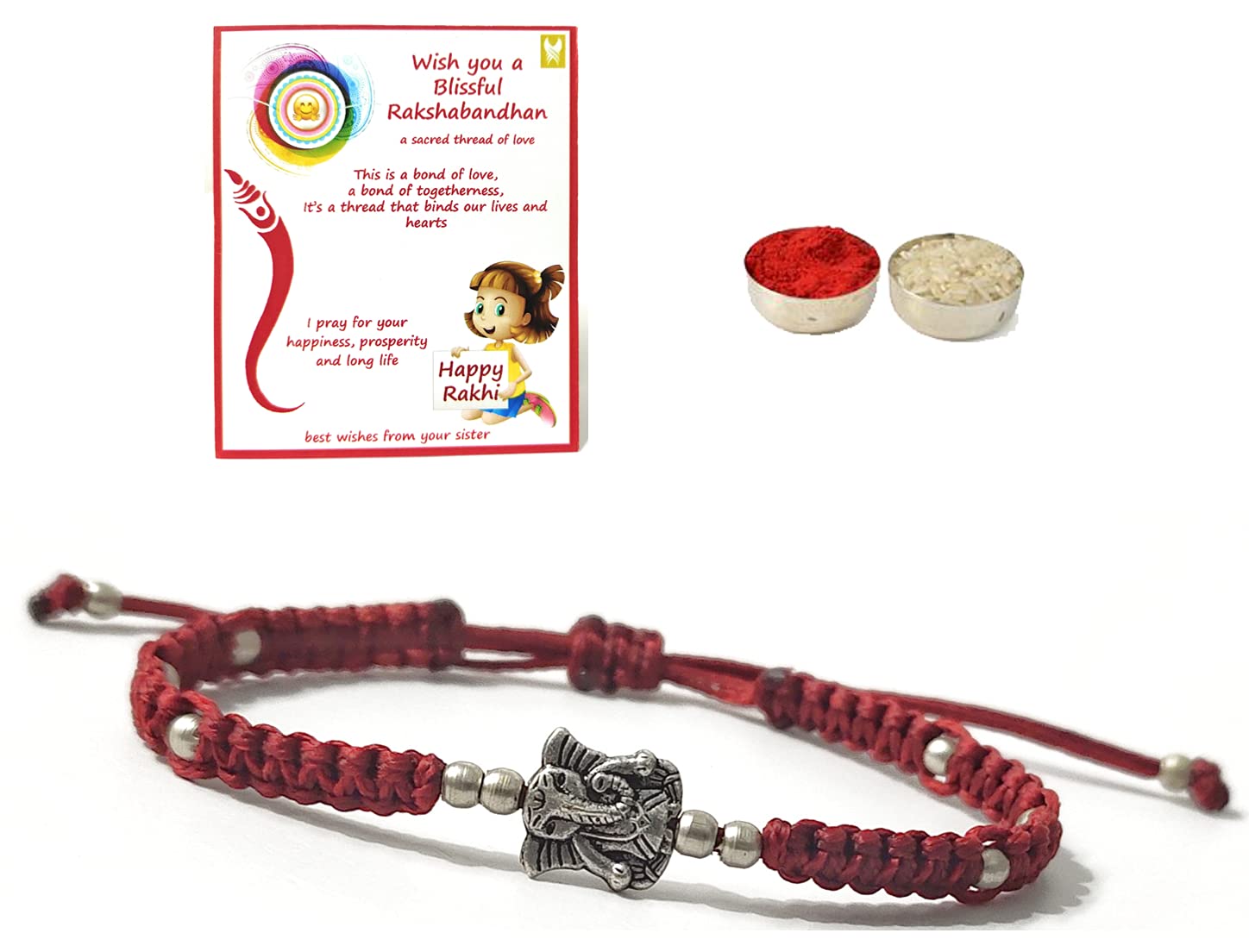 Saffron Shades Premium Ganesha Rakhi Bracelet | German Silver | Macrame Bracelet | Unisex, Greeting Card, Message Card, Roli Chawal and Gift Potli (B09BM8F41X) Amazon Price History, Amazon Price Tracker