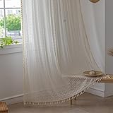 Vintage Beige Häkelspitze Tenda Bohémien mit Fransen 1 Scheibengardine mit Stangentasche Baumwollstoff für Wohnzimmer & Schlafzimmer 160x180cm