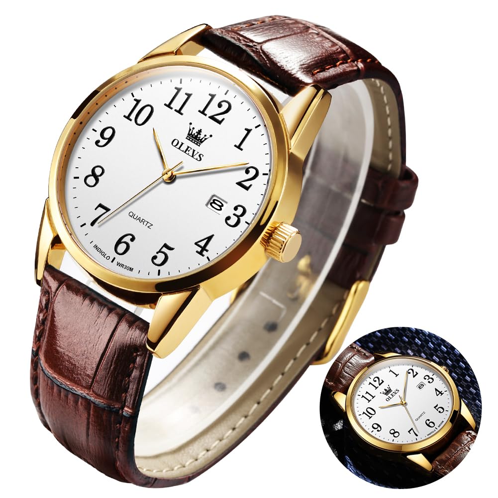 OLEVS Men Watch Leather Analog Quartz Male Dress Week Date Business Classic Luminous Leather Strap 3ATM Waterproof Wrist Watch Lovers