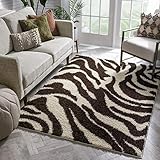 Modern Animal Print 3x5 (3'3'' x 5'3'') Area Rug Shag Zebra Brown Ivory Plush Easy Care Thick Soft Plush Living Room