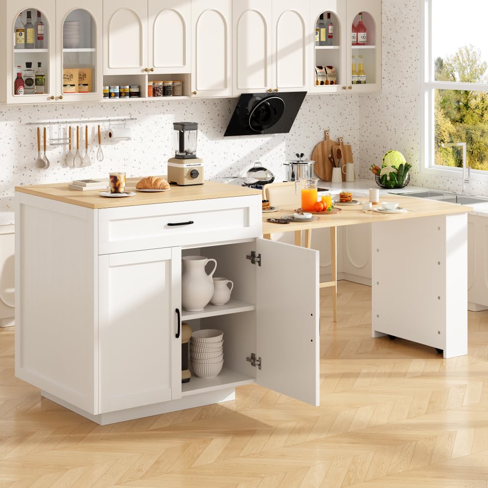 Sapgaks Table de Bar Extensible avec Espace de Rangement (133-202 × 70 × 93,5 cm),Table à Manger Extensible,îlot de Cuisine pour 2 à 6 Personnes, Chariot de Cuisine avec étagères latérales, Blanc