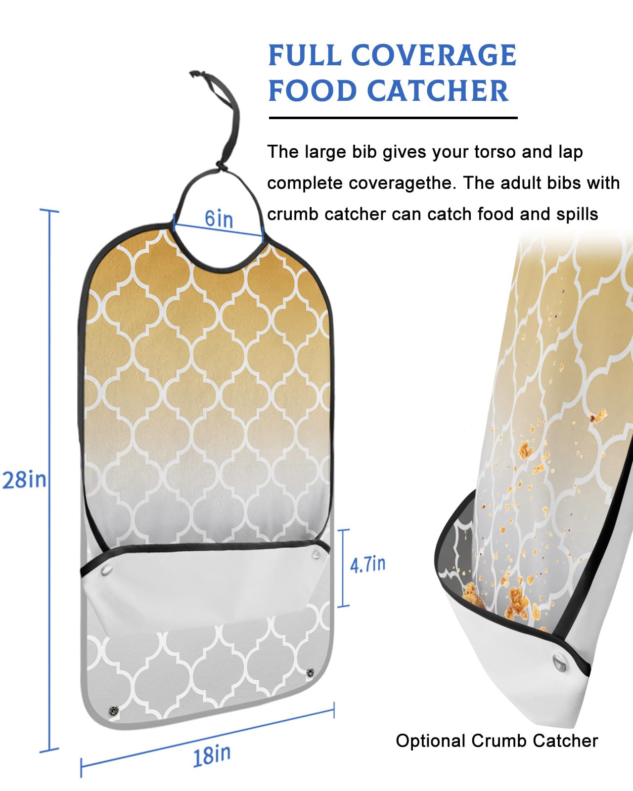 Yellow Gray Ombre Morocco Pattern Adult Bibs for Eating, Waterproof Bibs with Food Catcher & Adjustable Snap Closure, Modern Moroccan Geometric Clothing Protectors Adult Bibs for Elderly Women/Men