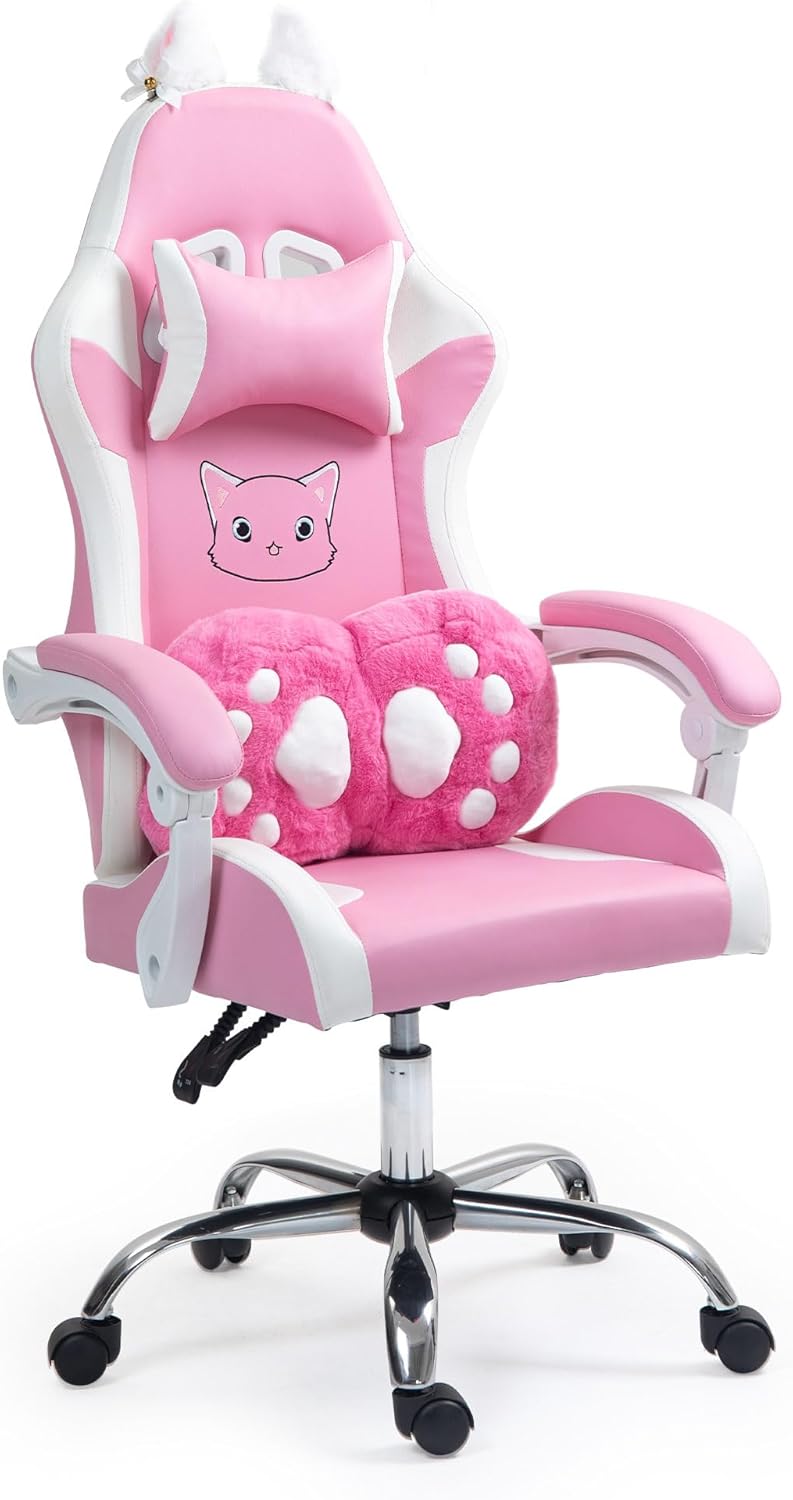 ALEAVIC Pink Gaming Chair with Cat Paw Lumbar Cushion and Cat Ears, Reclining PC Game Computer Chairs, Ergonomic Gamer Chair for Kids, Girls, Teens