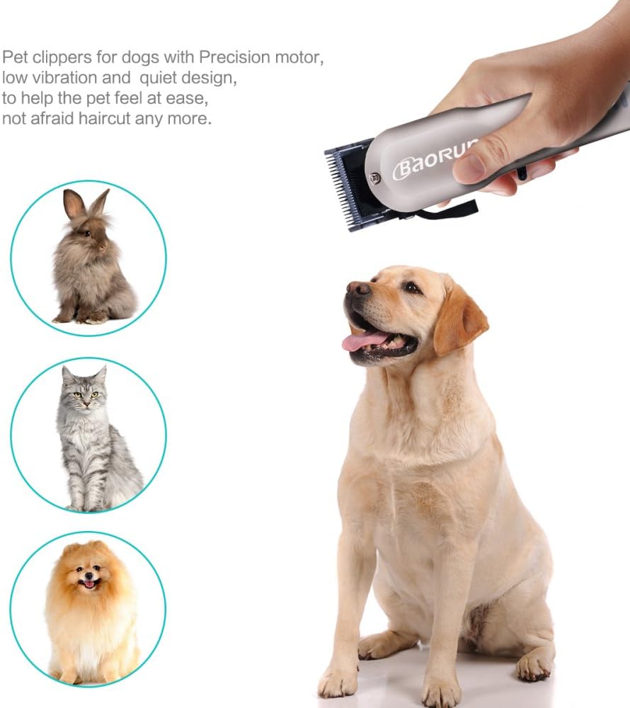 Baorun pet clipper being used on a dog, with images of other pets it's suitable for.