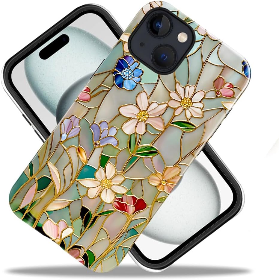 Case Compatible with iPhone 15,Fall Prevention Bright Hybrid 2-Layer Hard Shell Phone Case for Girls Boys,Stained Glass Bloom Flower Stained Glass Bloom Flower iPhone 15