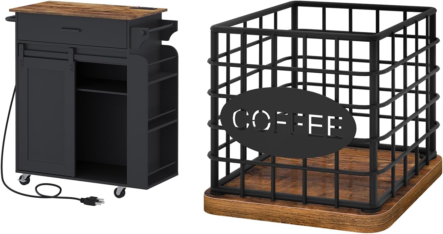 Kitchen Island with Storage, Kitchen Storage Cabinets with Charging Station, Coffee Pod Holder Organizer, ZD01UBR-KH10BR