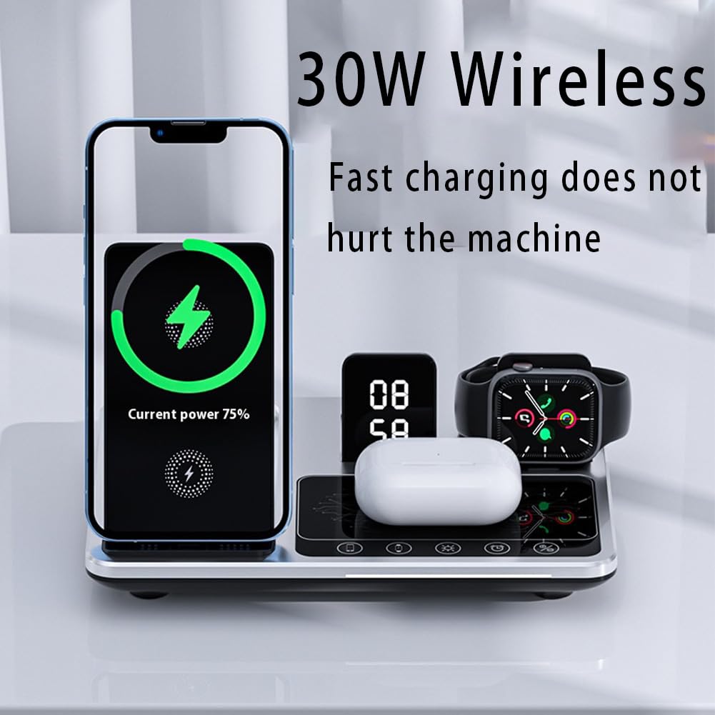 Zureze Station, 4 in 1 Sveglia Wireless Charger Stand, Stazione di Ricarica Liftable per Più Dispositivi, Stazione di Ricarica Wireless Universale 4 Pollici Accelera la Ricarica del Dispositivo