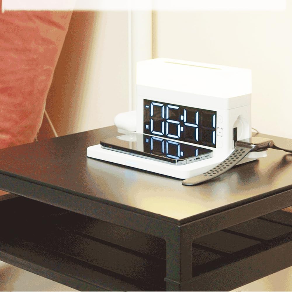 IHAO 6in1 Smart Alarm Clock with Wireless Charger RGB Mood Light 15W Fast Wireless Charging for All Qi Phone TWS Headphone Compliant with i-Watch 7 Color Night Light Large Digital Display-White