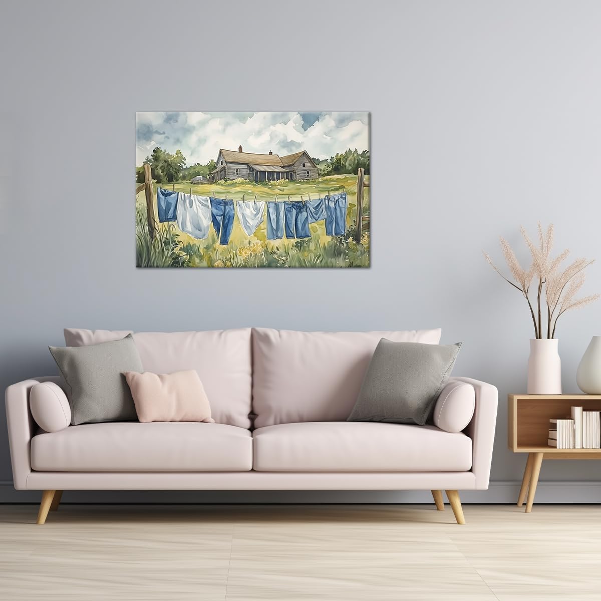 Laundry Wall Art Rustic Farmhouse Pictures Wall Decor Country Landscape Painting Prints Watercolor Canvas Poster for Living Room Bedroom Bathroom Decor Framed(Rustic,16L x 24W)