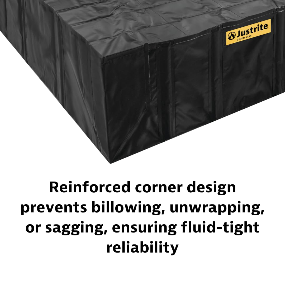 Justrite Angle Bracket QuickBerm® | 4' x 6' x 12" Large Oil Spill Containment Berm, 179 Gallon Spill Capacity, PVC Coated Fabric, Made in The USA, Black, 28066