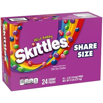 SKITTLES Wild Berry Chewy Candy Bulk Candy Snacks, 4 oz Bags, Pack of 24 | Bulk candy snacks; chewy candy, fruit flavored wild berry candy in bags individually wrapped for home gelatin and gluten free