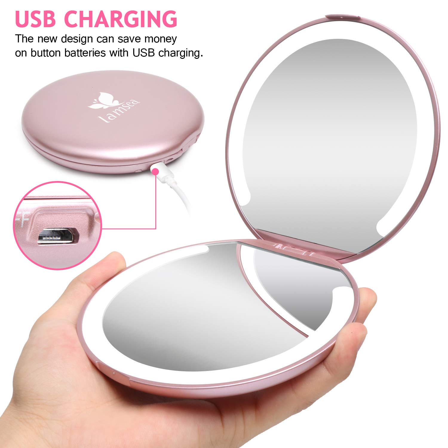 LED Lighted Travel Makeup Mirror Foldable, Dual Sided Vanity Mirror with Lights Portable Compact Illuminated Folding Tabletop Cosmetic Mirror, 1x/5x Large 4.9” Handheld Magnification Pocket Mirrors