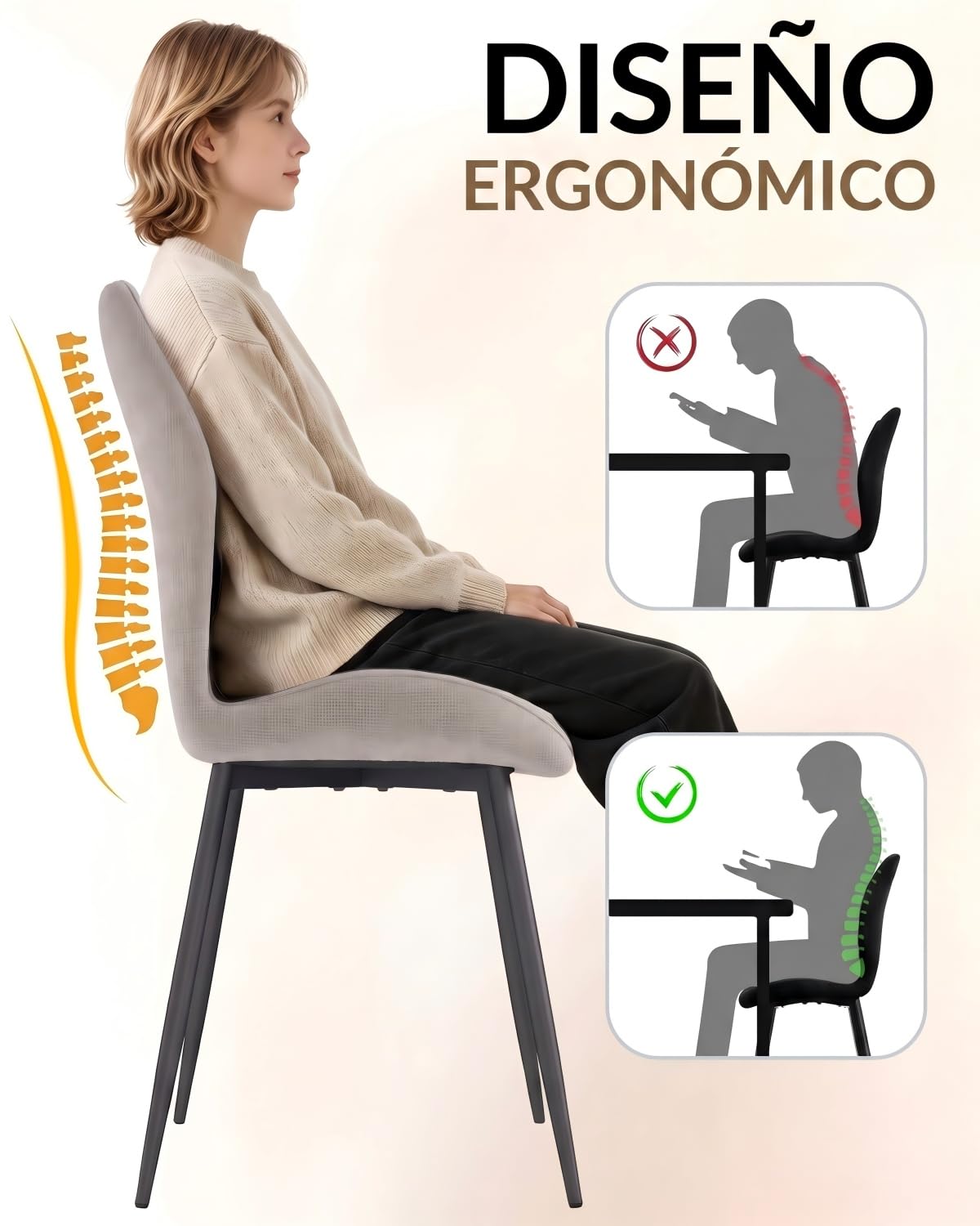 JIJIAN Sillas de Comedor Pack de 6 en Tela de Lino Marrón Claro | Sillas de Cocina, Sillas de Salón, Sillas Tapizadas, Patas de Metal, para Comedor, Cocina y Restaurante