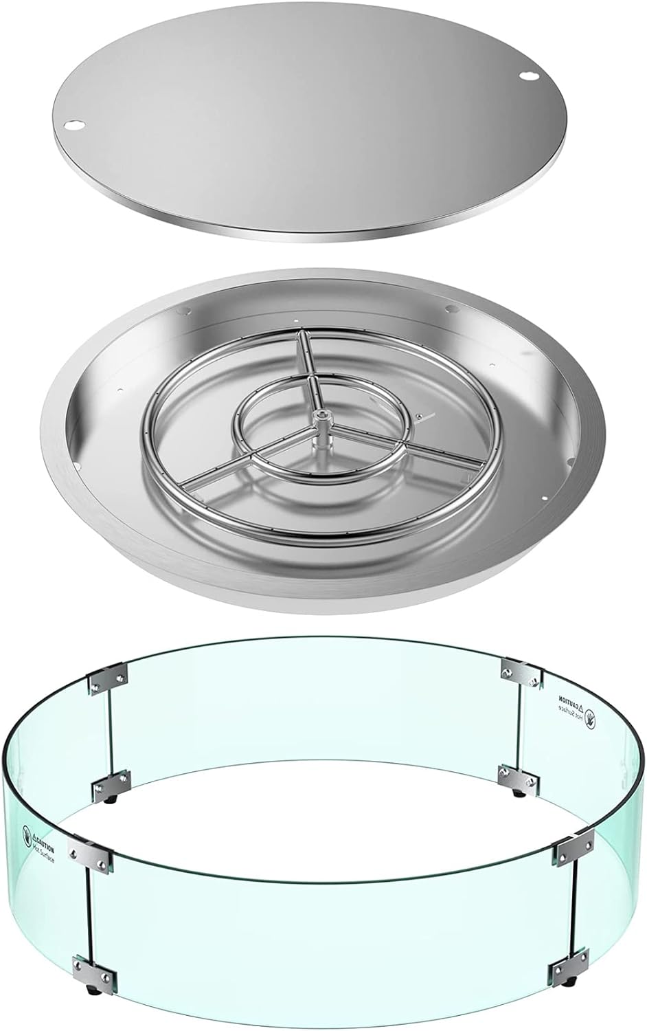 Skyflame 25 Inch Round Stainless Steel Drop-in Fire Pit Pan Kit and 29" Round Glass Wind Guard